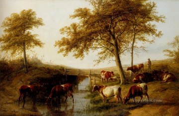 トーマス・シドニー・クーパー Painting - 小川のほとりで休む牛 農場の動物たち トーマス・シドニー・クーパー